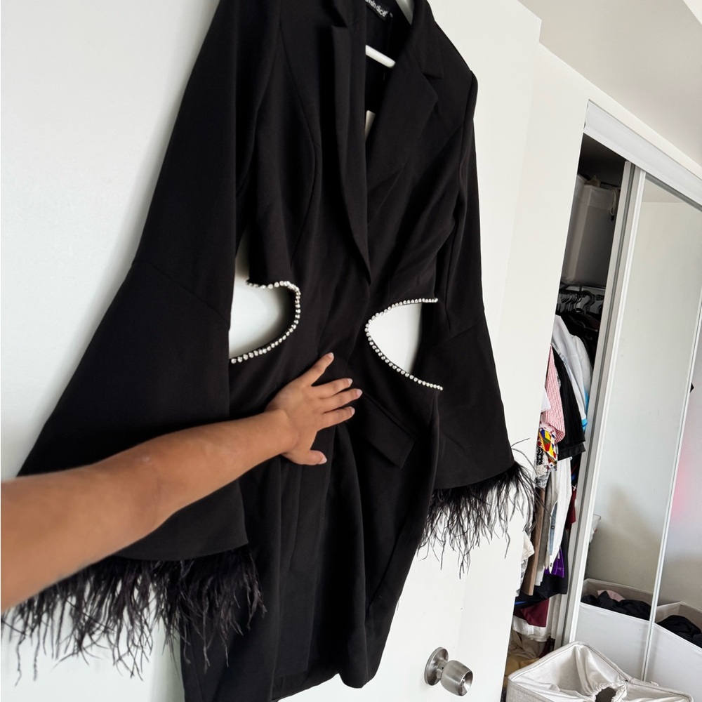 Lavish Alice Black Mini Dress with Feather Trim